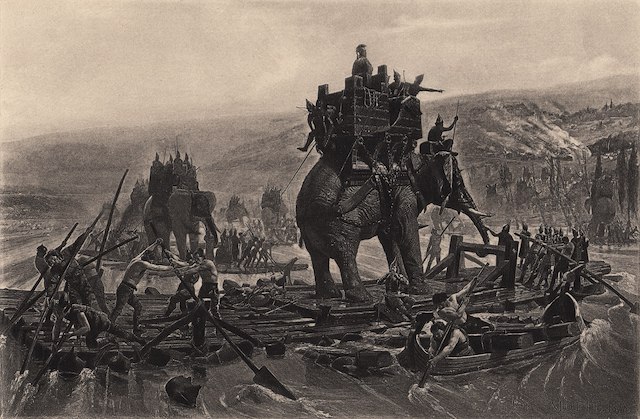 Hannibal crossing Alps with elephants