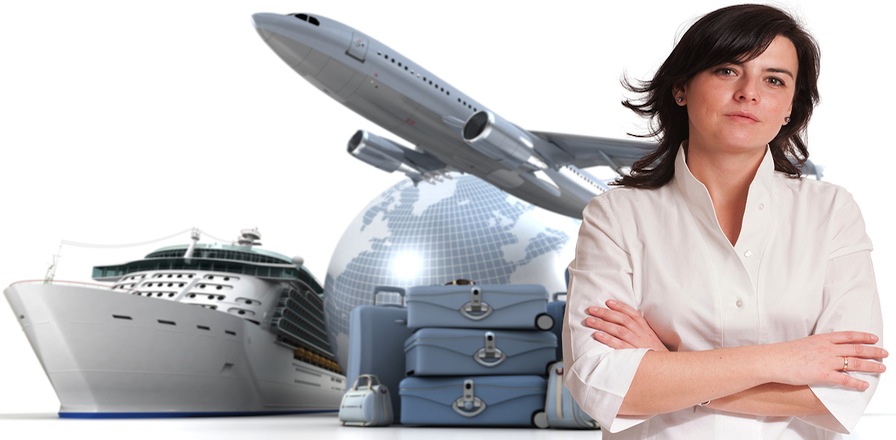 Female travel agent in front of plane, suitcase, globe