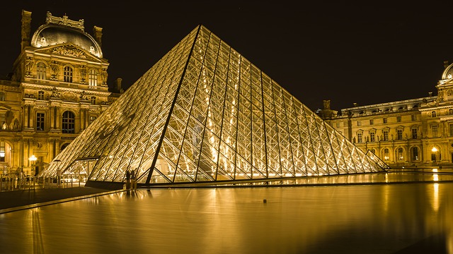 Pyramid at entrance to Louvre.